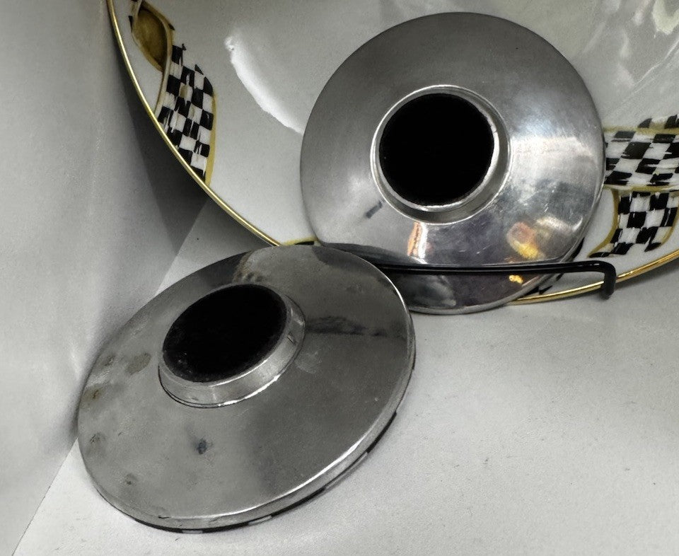 Mackenzie Childs Round Candle Holders Black & Pearlized  - Set Of 2- Retired
