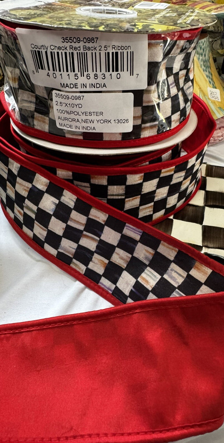 MacKenzie Childs 1 Roll Courtly  Check Wired Ribbon Red  2” wide-10yards Roll