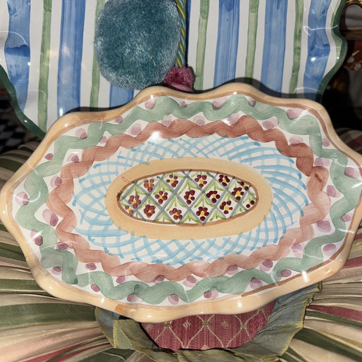 Mackenzie Childs Ceramic Taylor Heather  Check Fluted Oval Platter 6” X 9” 1996