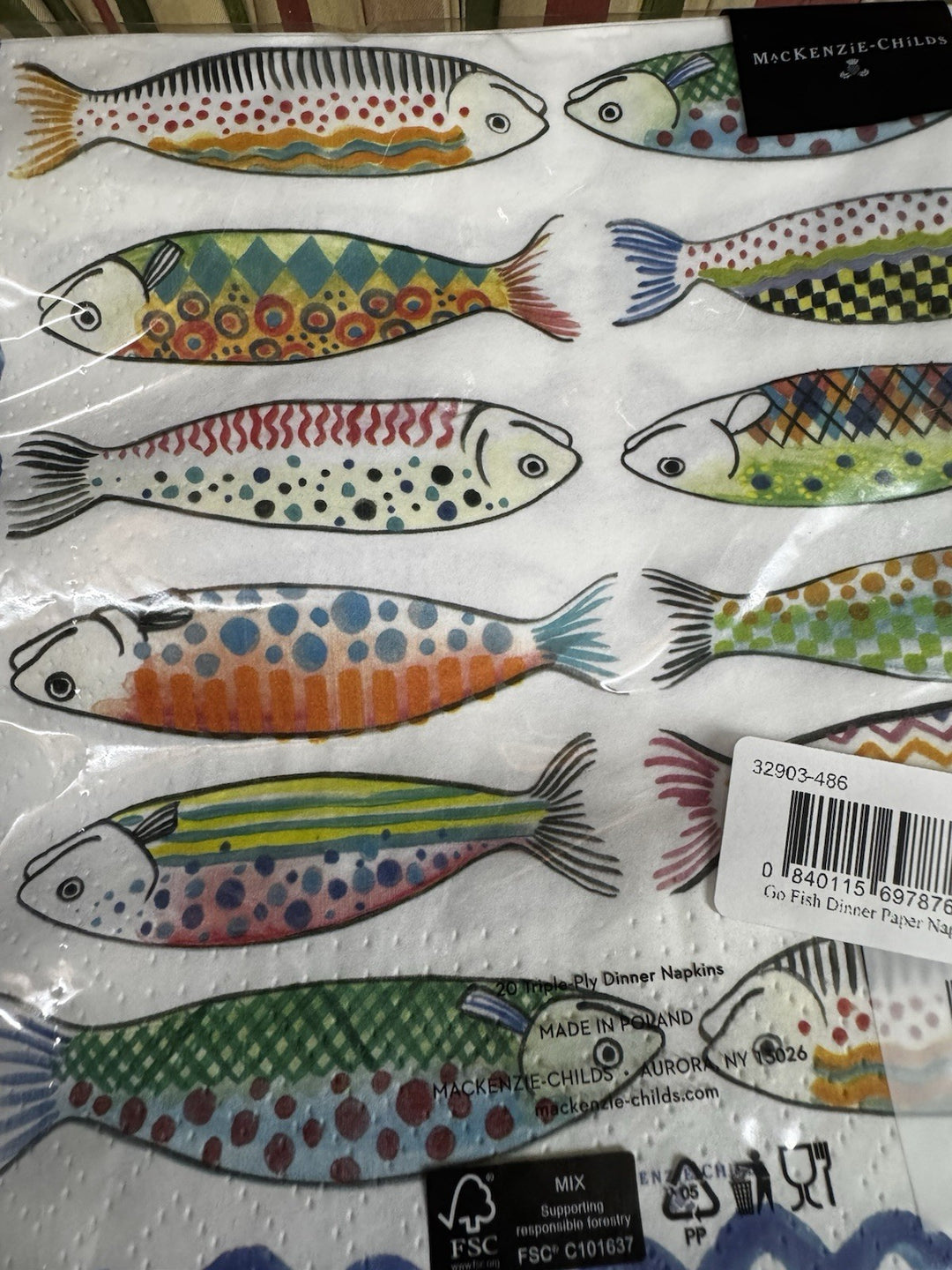 MacKenzie Childs Dinner Napkins Go Fish- 8" x 8"  Retired Pack Of 20