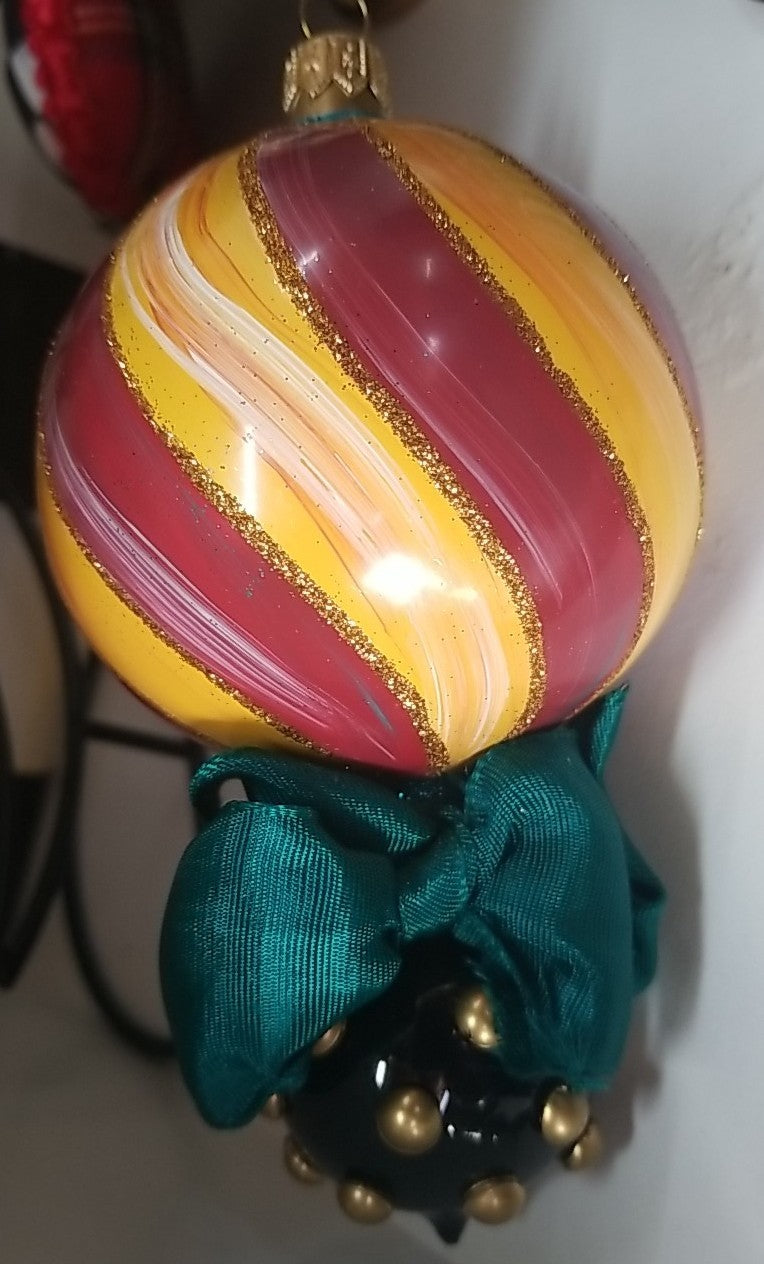 MacKenzie Childs Frank And Mustard  Striped Double Drop Glass Ornament