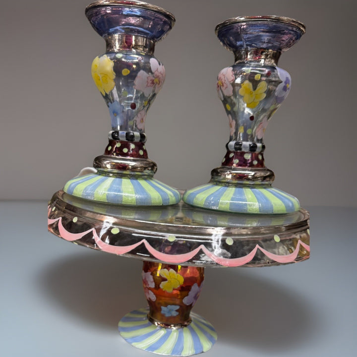MacKenzie Childs One Circus Pansy Glass Candlestick Candle Holder- Retired