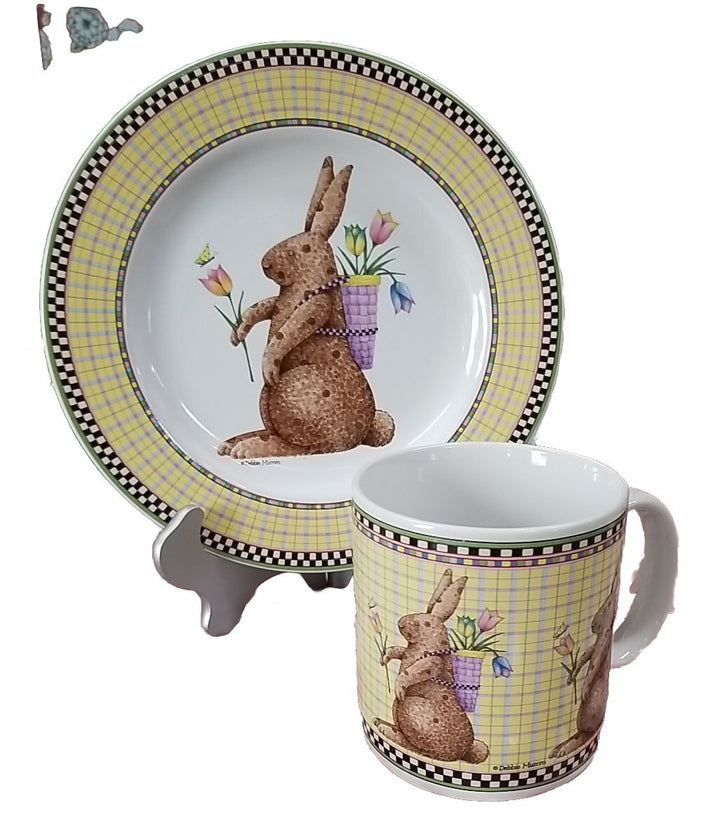 Debbie Mumm Sakura easter Plate  & Mug Set-Bunny 1998 Checks w flower basket