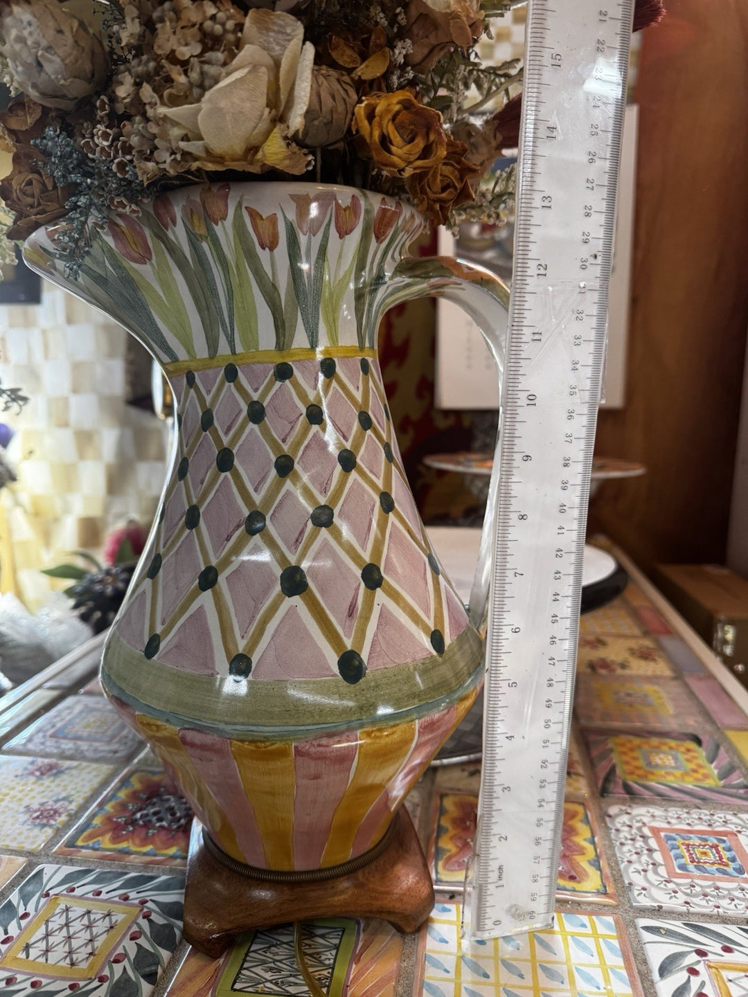 Mackenzie Childs  Sherwood Garden Pitcher Lamp With Dried Flowers 31” Tall