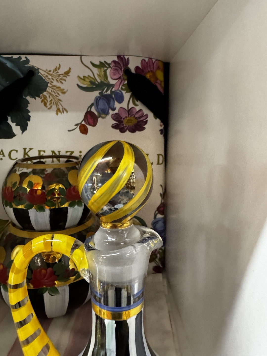 Mackenzie Childs Oil Or Vinegar Cruet Yellow Top Red Flowers Circus Design 7.25”