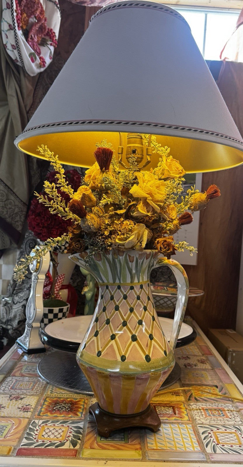 Mackenzie Childs  Sherwood Garden Pitcher Lamp With Dried Flowers 31” Tall