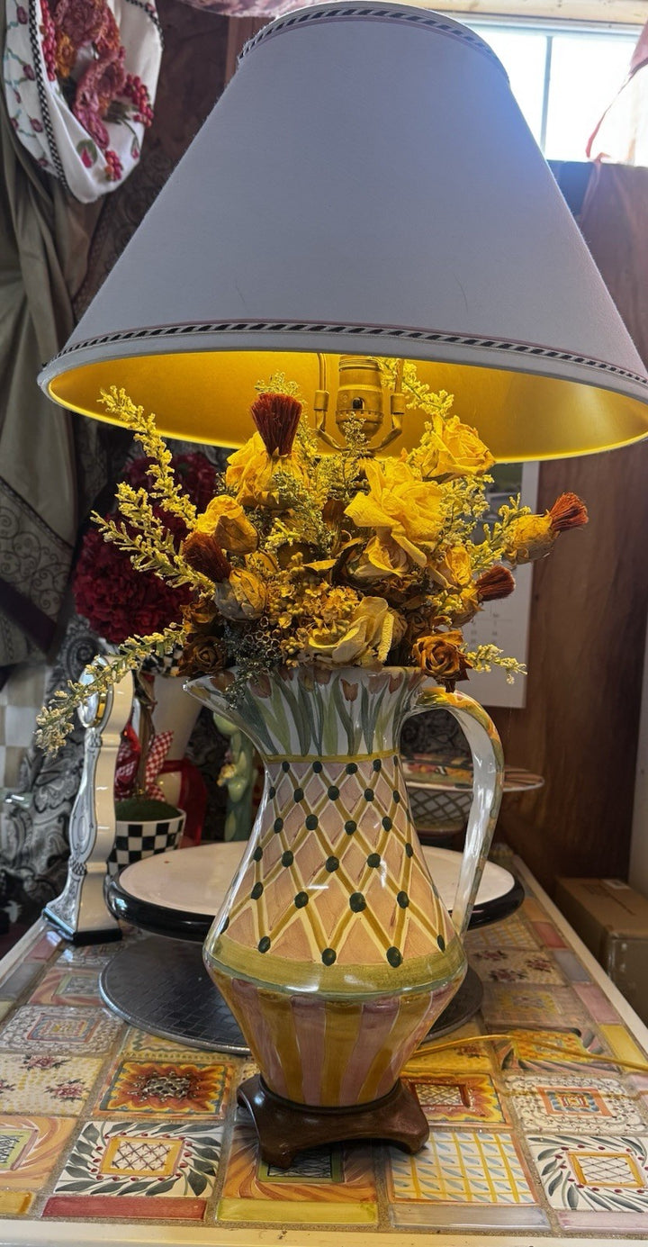 Mackenzie Childs  Sherwood Garden Pitcher Lamp With Dried Flowers 31” Tall