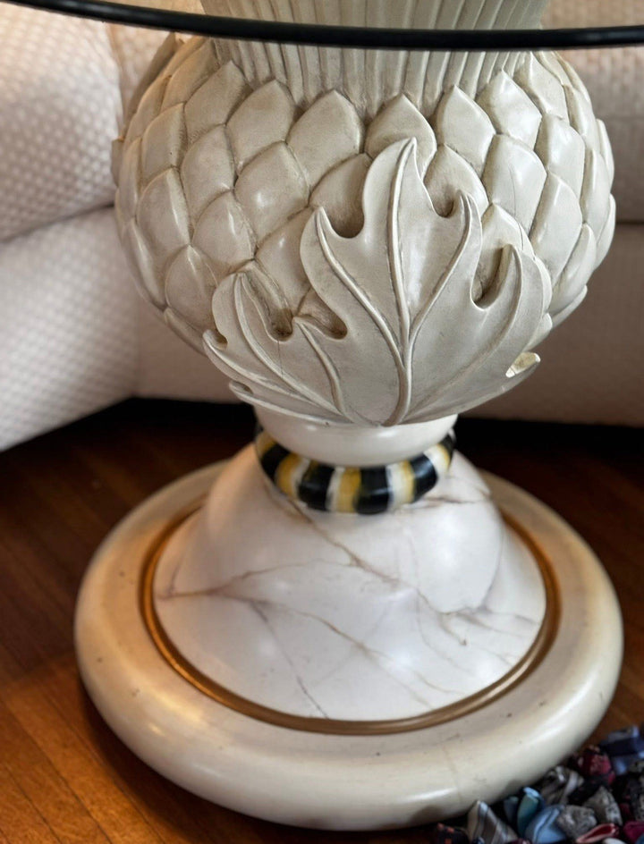 Mackenzie Childs Light Thistle Table Carved Wood With Glass Top From 2010