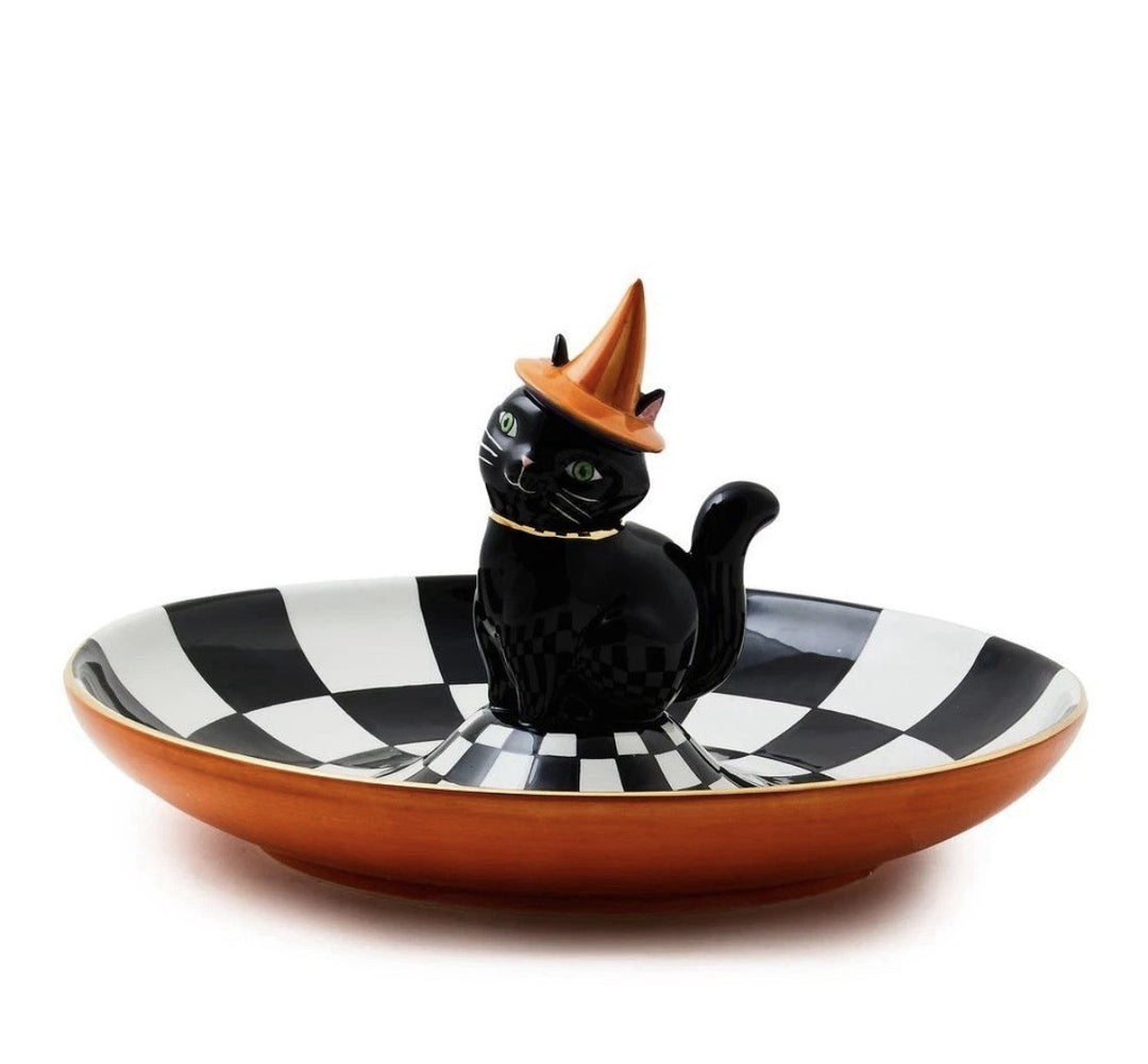 Bramd New Mackenzie Childs Trick or Treat Cat Check Candy Dish- Nib