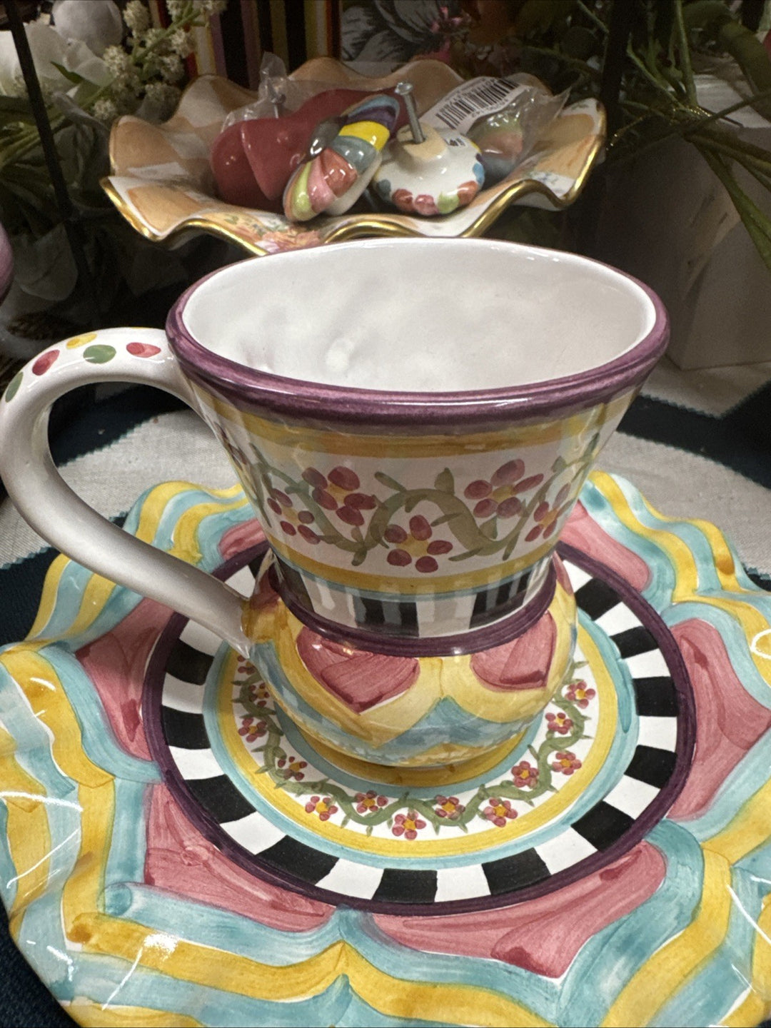 NEW Mackenzie Childs Hitchcock Field TAYLOR MUG Only Hand Painted Majolica