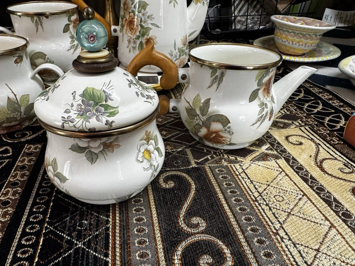 MacKenzie Childs Stacked Camp White Flower Enamel Tea Cream & Sugar High tea Set