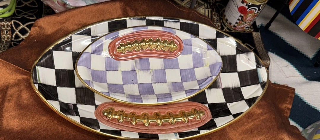 MacKenzie Childs Retired Courtly  Check Football 14”  Platter  Gold Trim NEW