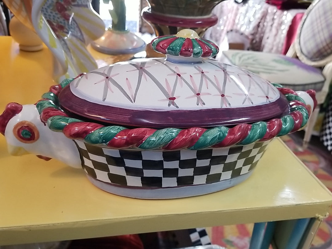 Retired  Mackenzie Childs Chicken Casserole  Dish With Lid - Ceramic- Read