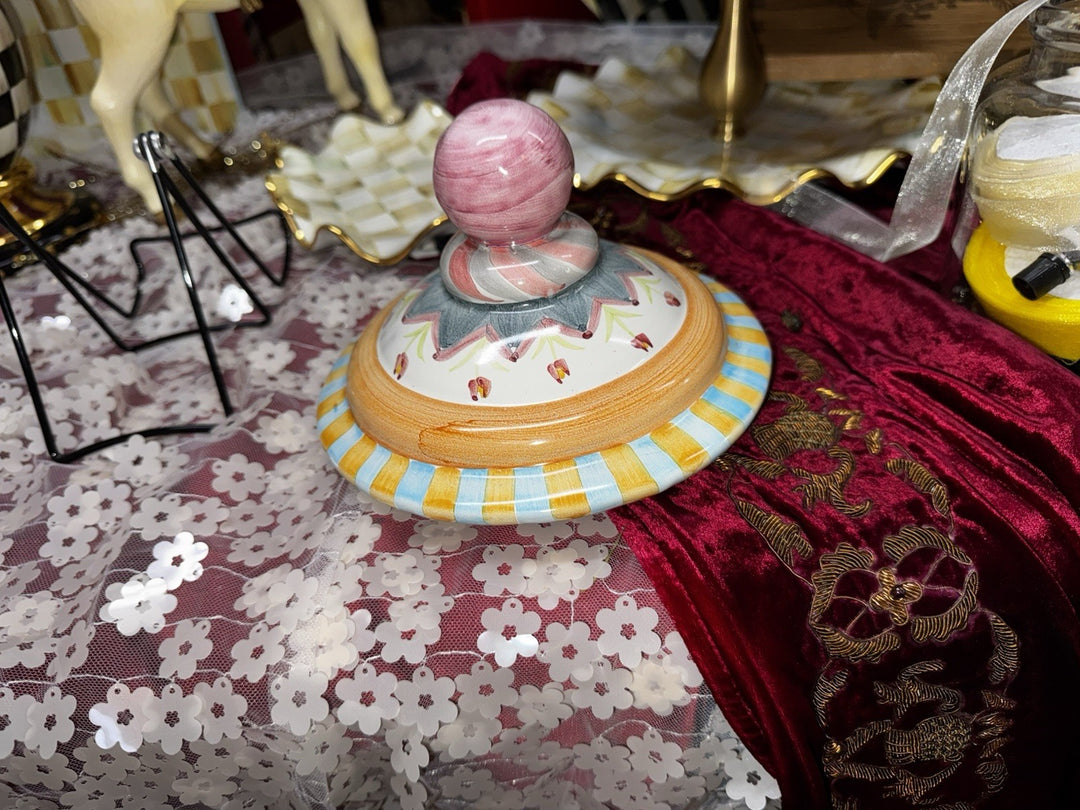 Mackenzie Childs Odd Fellows Hand Painted Ceramic Groovy Canister Lid Only