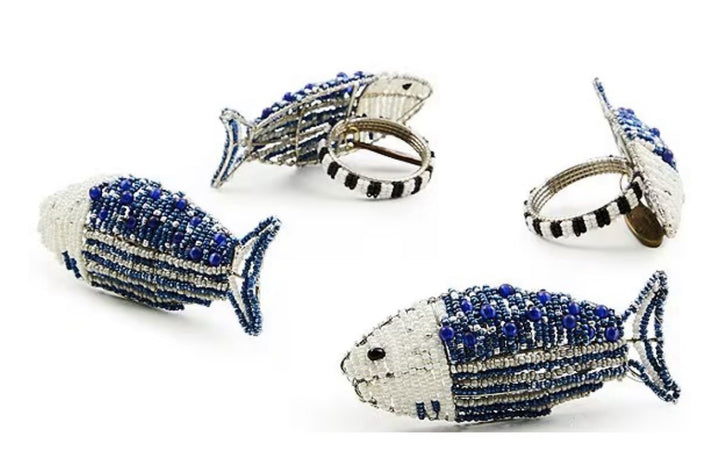 Mackenzie-Childs Go Fish Beaded Napkin Rings Set Of 4 NEW BOXED