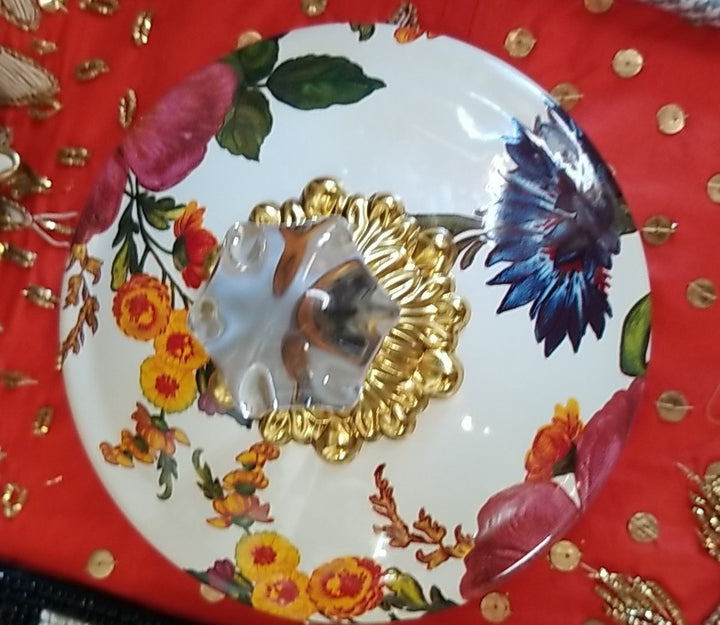 MacKenzie Childs  Cookie Jar with White Flower Market Enamel Lid - New