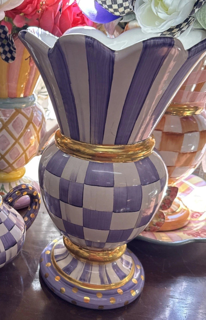 Mackenzie Childs Ceramic Violet Plum Purple Gold  Check Great Vase- NWT 2024