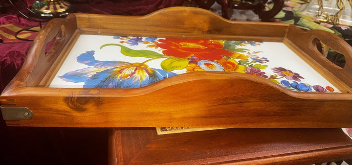 Mackenzie Childs White Flower Market Enamel Acacia Wood Large Serving Tray