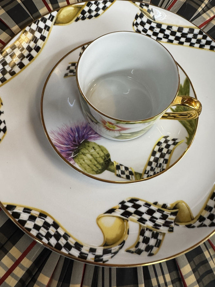 MacKenzie-Childs Thistle & Bee Flat Cup and Saucer Set - Pristine