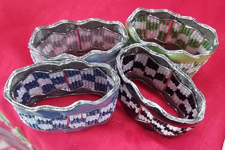 Mackenzie Childs Beaded Check Multicolor   NAPKIN RINGS Retired Set of 4 New