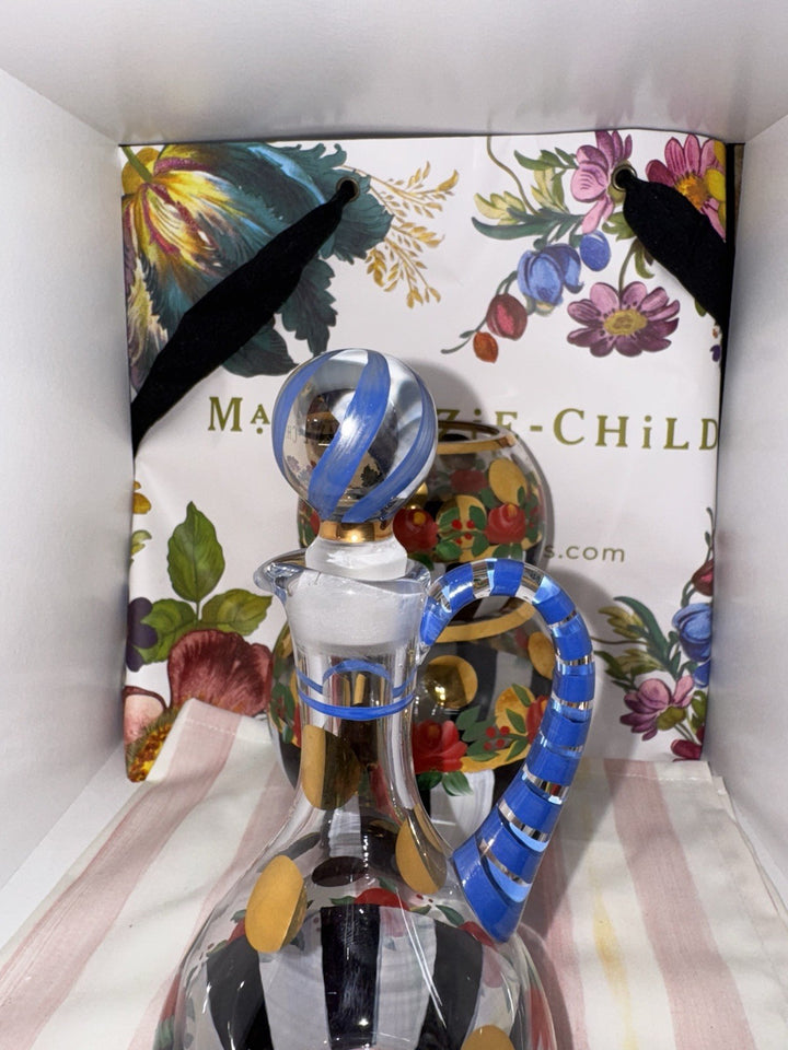 Mackenzie Childs Oil Or Vinegar Cruet Blue Top Red Flowers Circus Design 7.25”