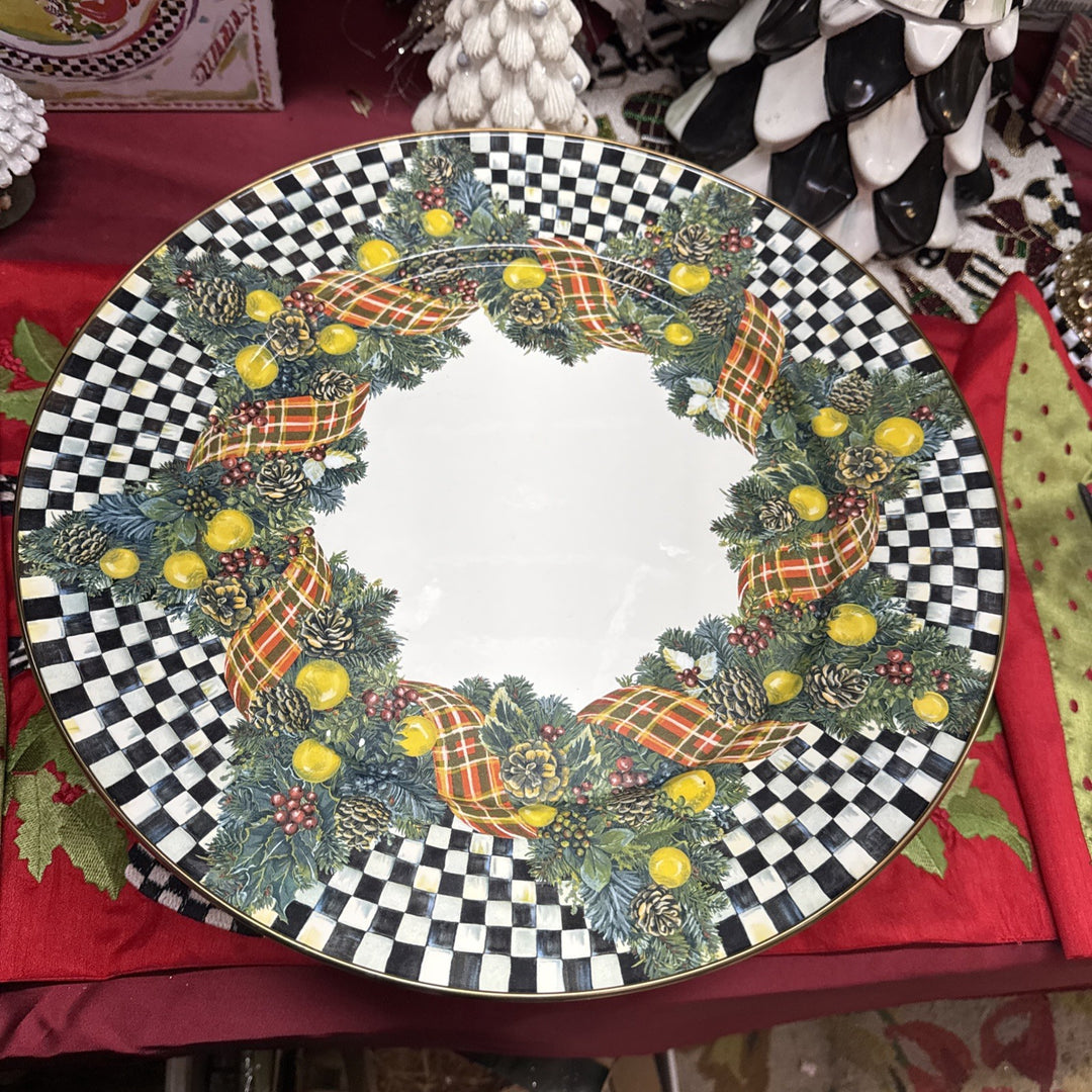 MACKENZIE CHILDS Courtly Check Evergreen Enamel Pedestal Platter - LARGE 16 Tall