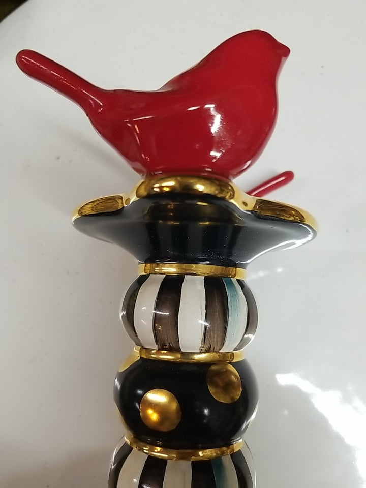 MacKenzie Childs Courtly Stripe Birds  Candlestick -new Ceramic