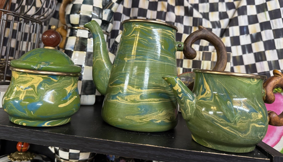 MacKenzie Childs Stacking Camp Green Swirl Enamel Tea Cream & Sugar High tea Set