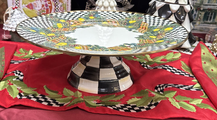 MACKENZIE CHILDS Courtly Check Evergreen Enamel Pedestal Platter - LARGE 16 Tall