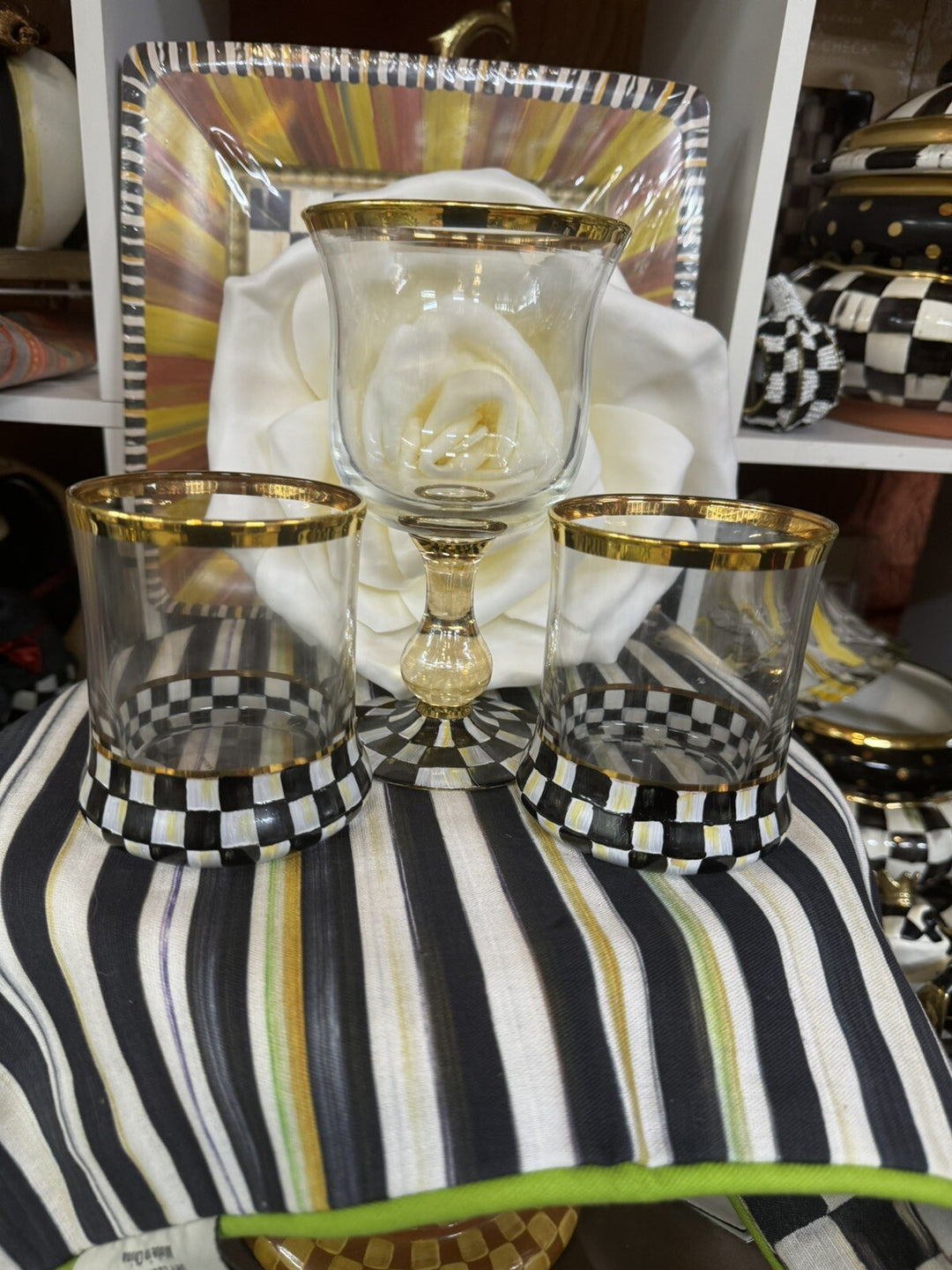 Mackenzie Childs  Courtly Check Wine Goblet- New