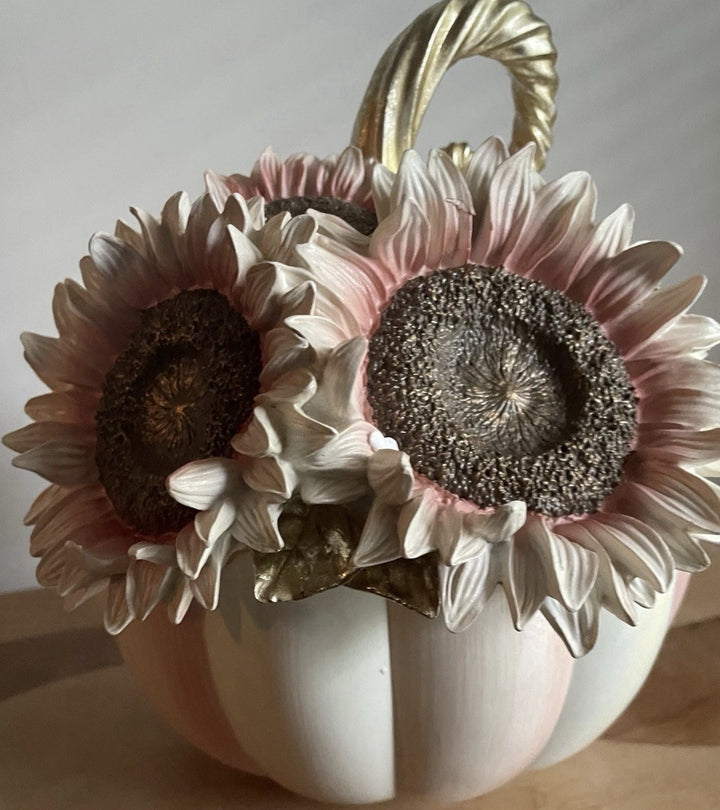 NWT MacKenzie Childs Rosy Stripe Pumpkin With Pink Sunflower - All Season Decor