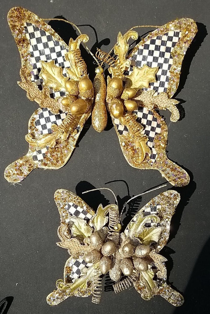 Mackenzie Childs Butterly Clips Set Of 2 Gold & Silver Courtly Check Retired