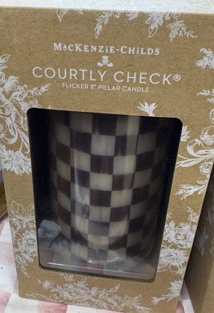 MACKENZIE CHILDS Courtly Check Flicker 10”Pillar Candle Black & White Decor NEW