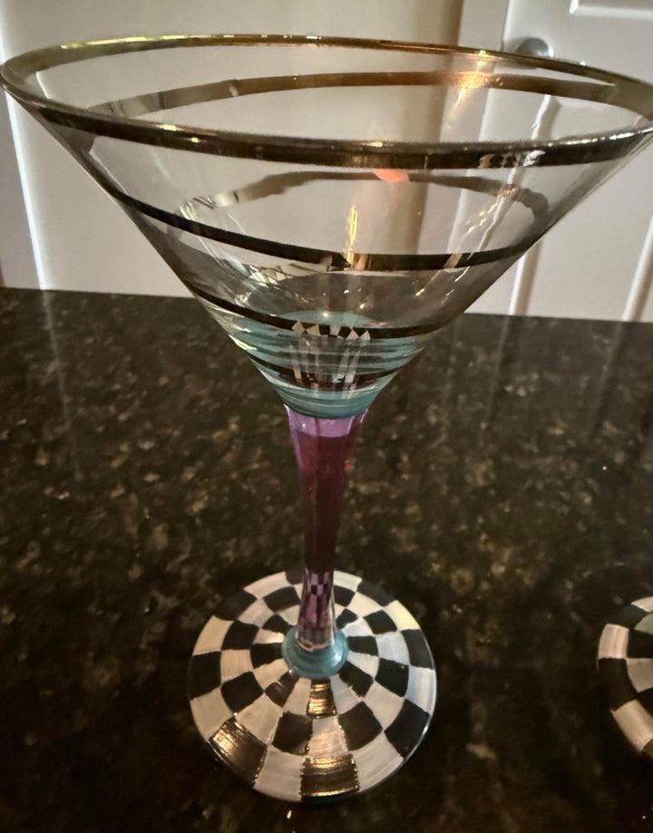 Mackenzie Childs -one  Martini Glass Whirligig-  Hand Blown Glass 7.25” Tall