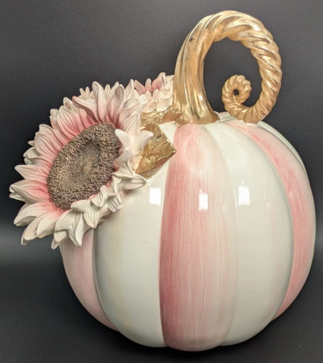 NWT MacKenzie Childs Rosy Stripe Pumpkin With Pink Sunflower - All Season Decor