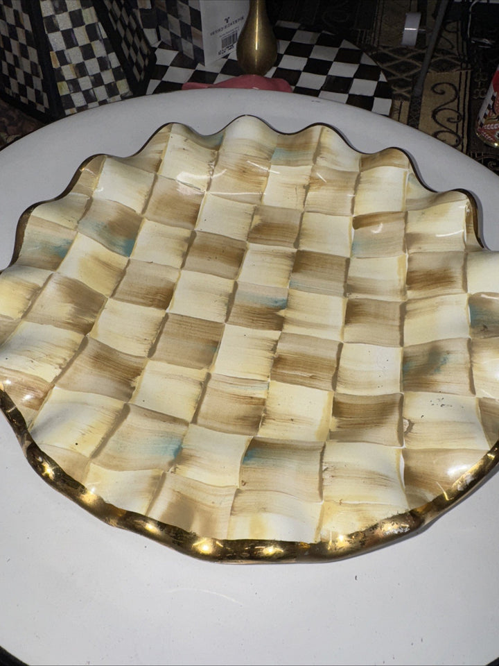 Mackenzie Childs Parchment Check Ceramic 11” Dinner Plate Fluted With Gold Trim