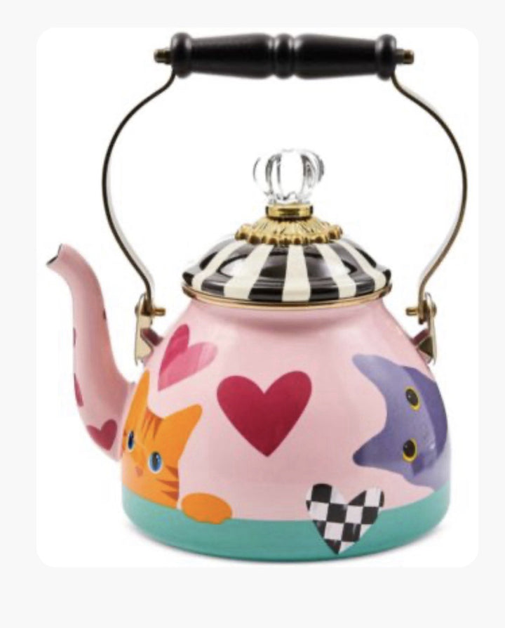 Mackenzie Childs Cat Love 2-qt Tea Kettle Multicolor New Open Box