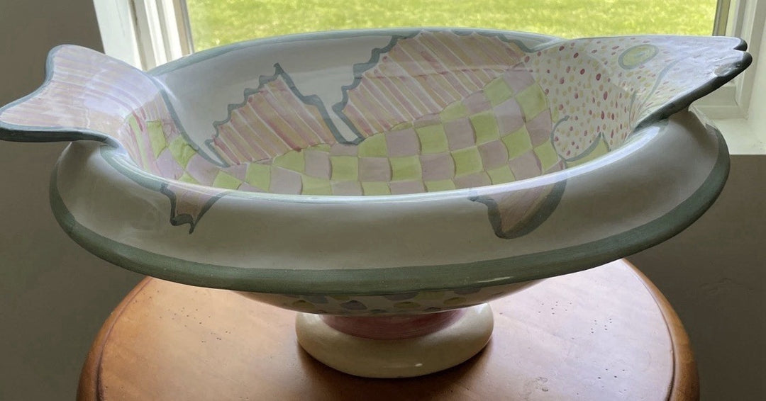 RARE & LARGE Mackenzie  Childs 20" Fish Pedestal Oval Bowl Made In Aurora 2002