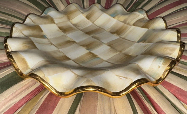 9” Mackenzie Childs   PARCHMENT CHECK CERAMIC FLUTED Gold Trim DESSERT PLATE- 1