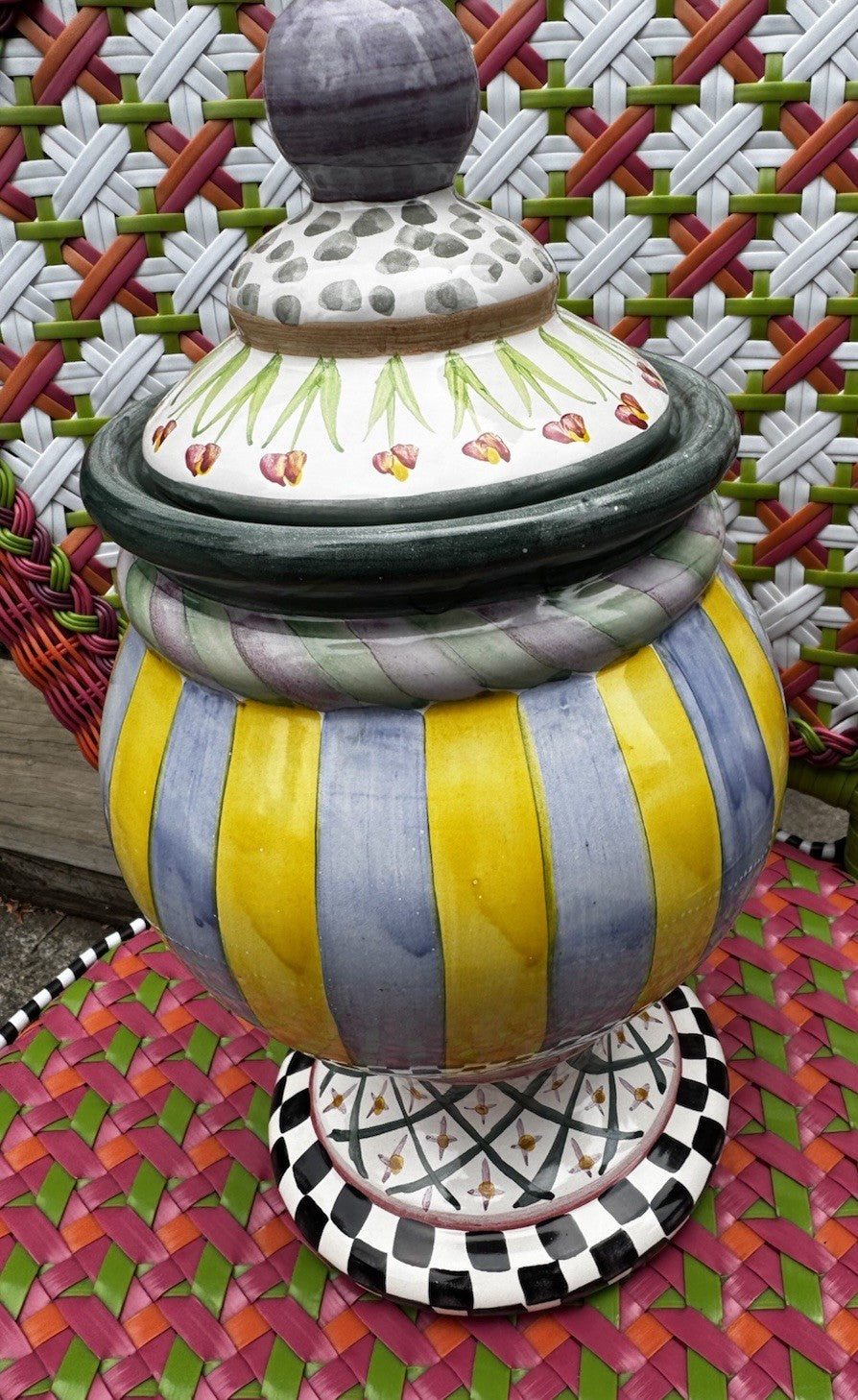 Mackenzie Childs Taylor Odd Fellows Lidded Globe Canister - Ceramic Retired