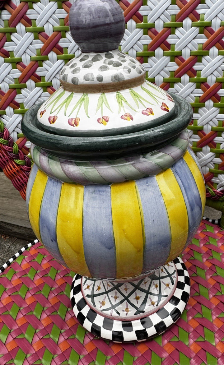 Mackenzie Childs Taylor Odd Fellows Lidded Globe Canister - Ceramic Retired