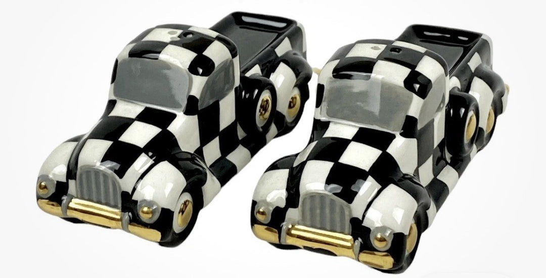 MacKenzie Childs Courtly Truck Salt & Pepper Shaker Set Retired New In Box