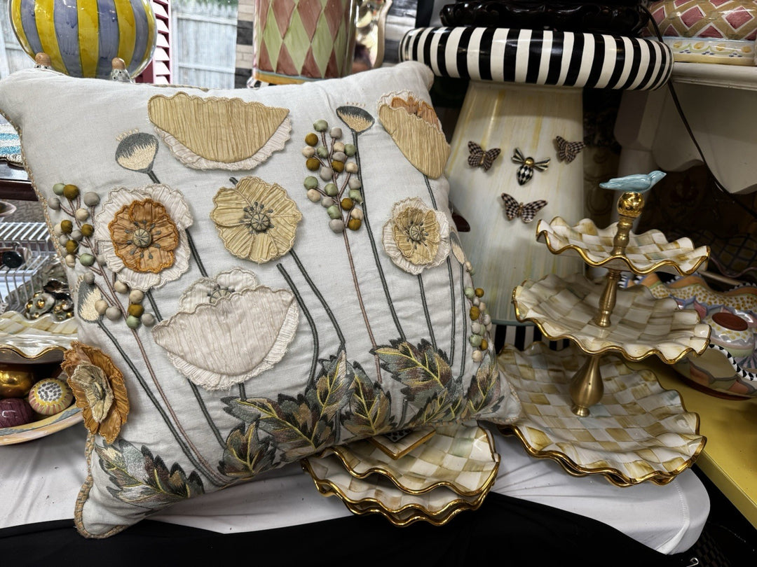 MACKENZIE-CHILDS Parchment 18”x18” Linen And Silk  POPPY FIELD PILLOW- Great