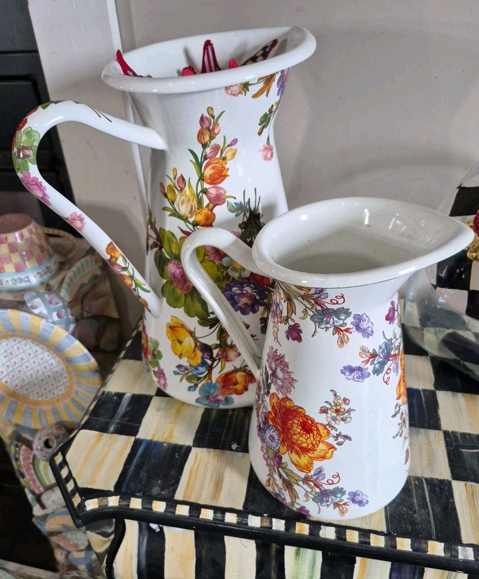 MacKenzie Childs White Flower Market LARGE Practical Pitcher 12”Tall FARMHOUSE