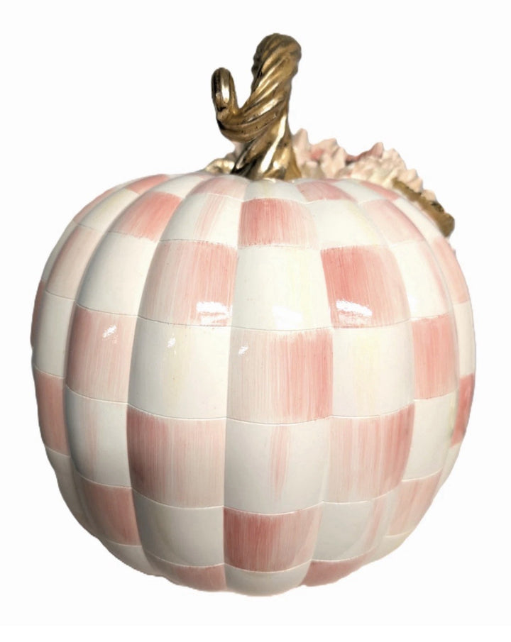 MacKenzie Childs Rosy Check Pumpkin Pink Sunflower - 13" Large, Gold Accents Nib