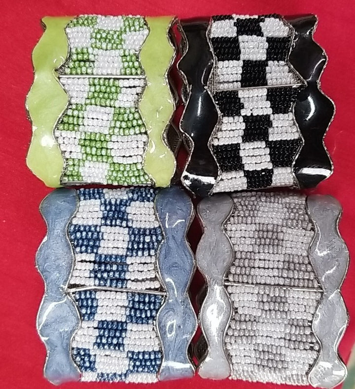 Mackenzie Childs Beaded Check Multicolor   NAPKIN RINGS Retired Set of 4 New