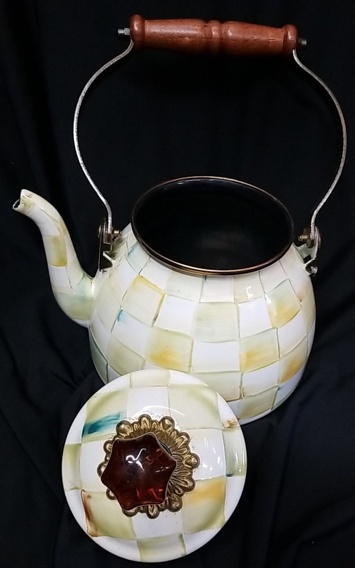 Mackenzie Childs Enamel Parchment Check  2 Quart Tea Pot / Kettle RETIRED