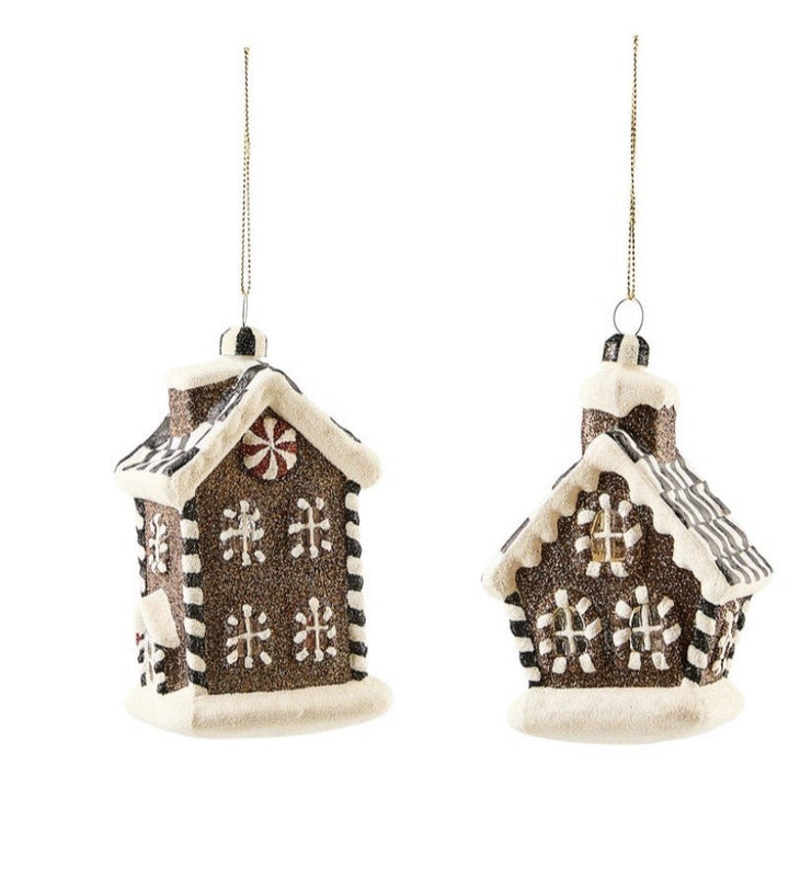 Mackenzie Childs Gingerbread Glass House Set Of 2 Ornaments  NIB Retired