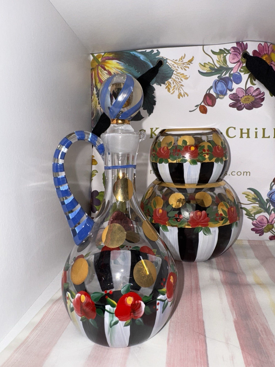 Mackenzie Childs Oil Or Vinegar Cruet Blue Top Red Flowers Circus Design 7.25”