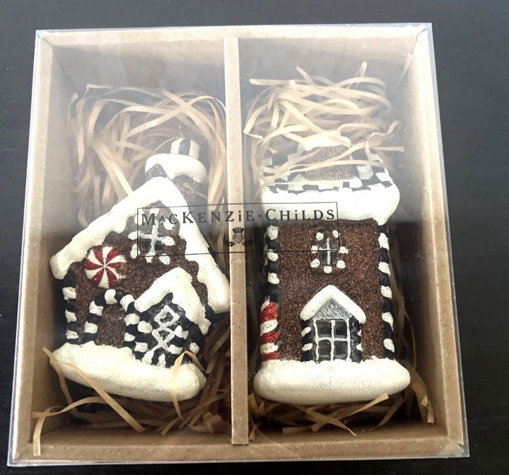 Mackenzie Childs Gingerbread Glass House Set Of 2 Ornaments  NIB Retired